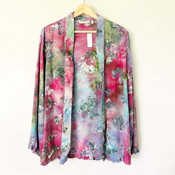 Soft Surroundings Topper Size XL Shirt Open Floral Watercolor Tye Dye Pink NWT - Picture 1 of 11